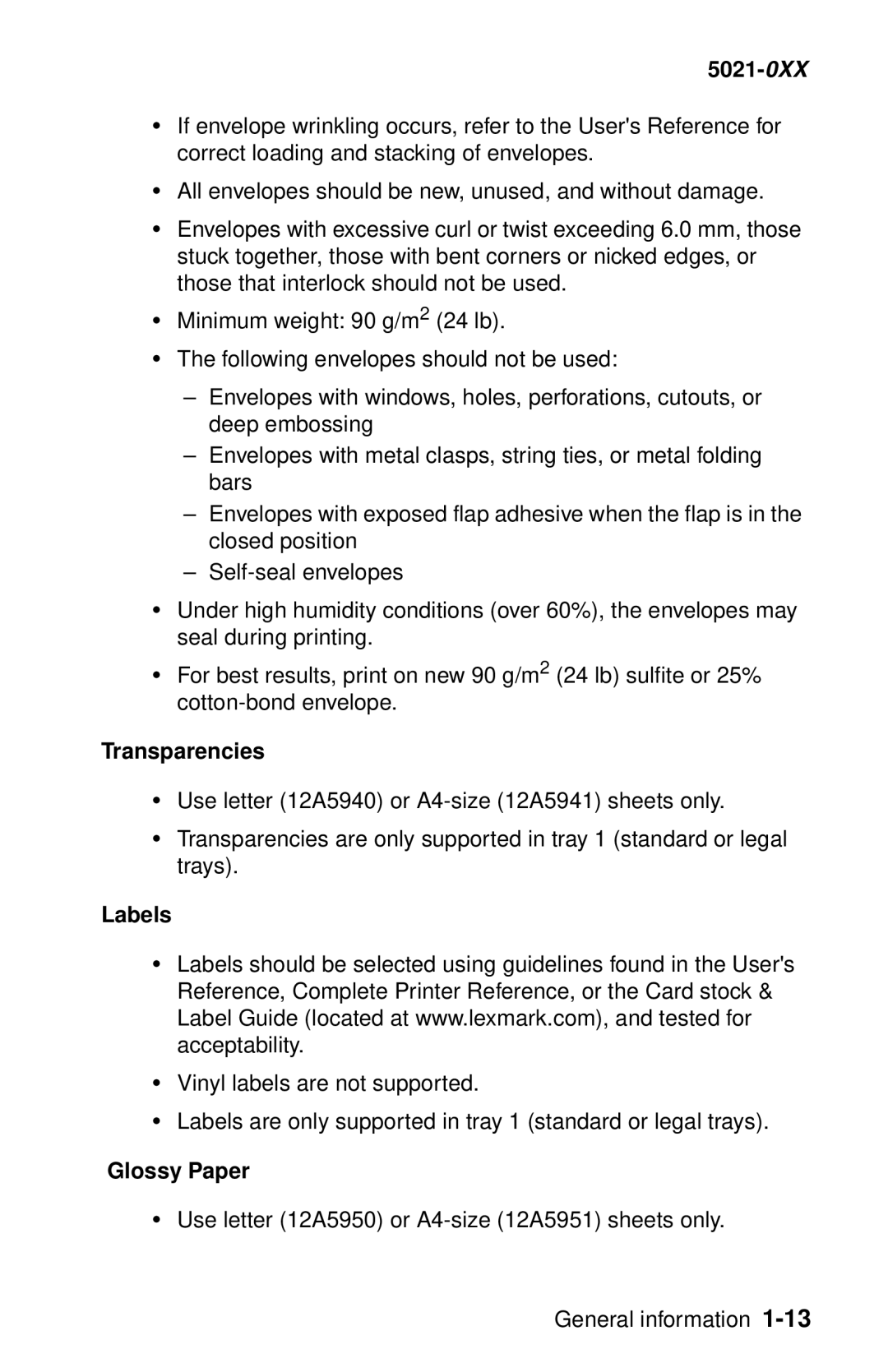 Lexmark 5021-0XX manual Transparencies, Labels, Glossy Paper 