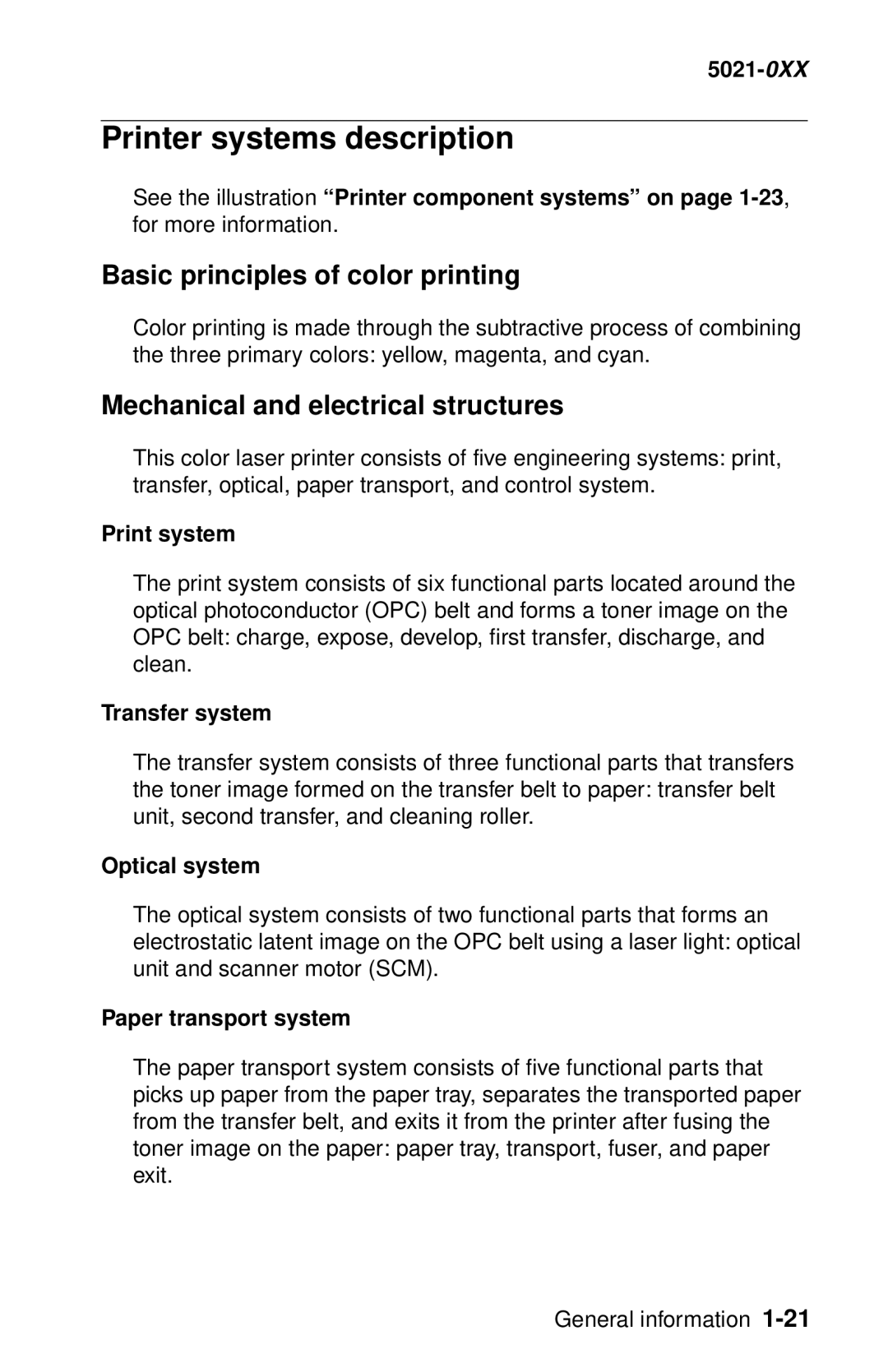 Lexmark 5021-0XX Printer systems description, Basic principles of color printing, Mechanical and electrical structures 