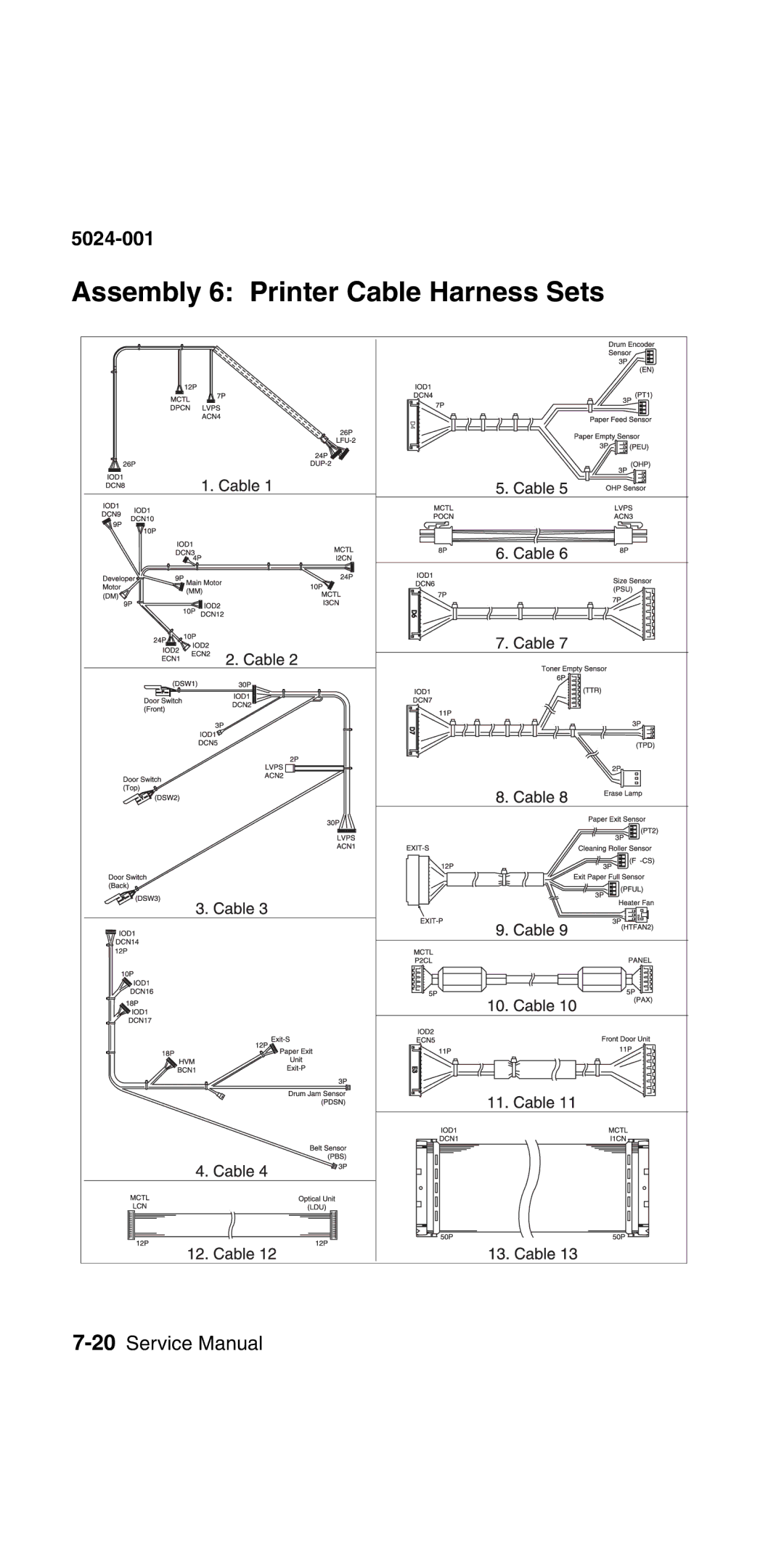 Lexmark 5024-001 manual Assembly 6 Printer Cable Harness Sets 