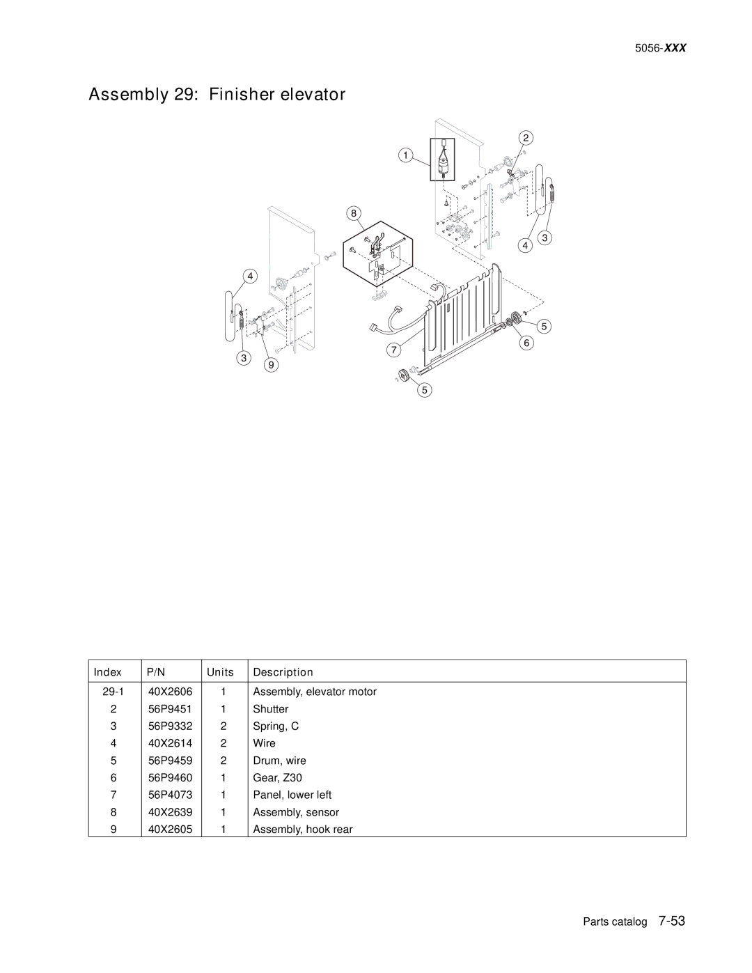 Lexmark 5056-xxx warranty Assembly 29 Finisher elevator 