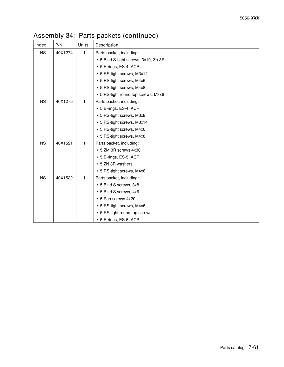 Lexmark 5056-xxx warranty Assembly 34 Parts packets 