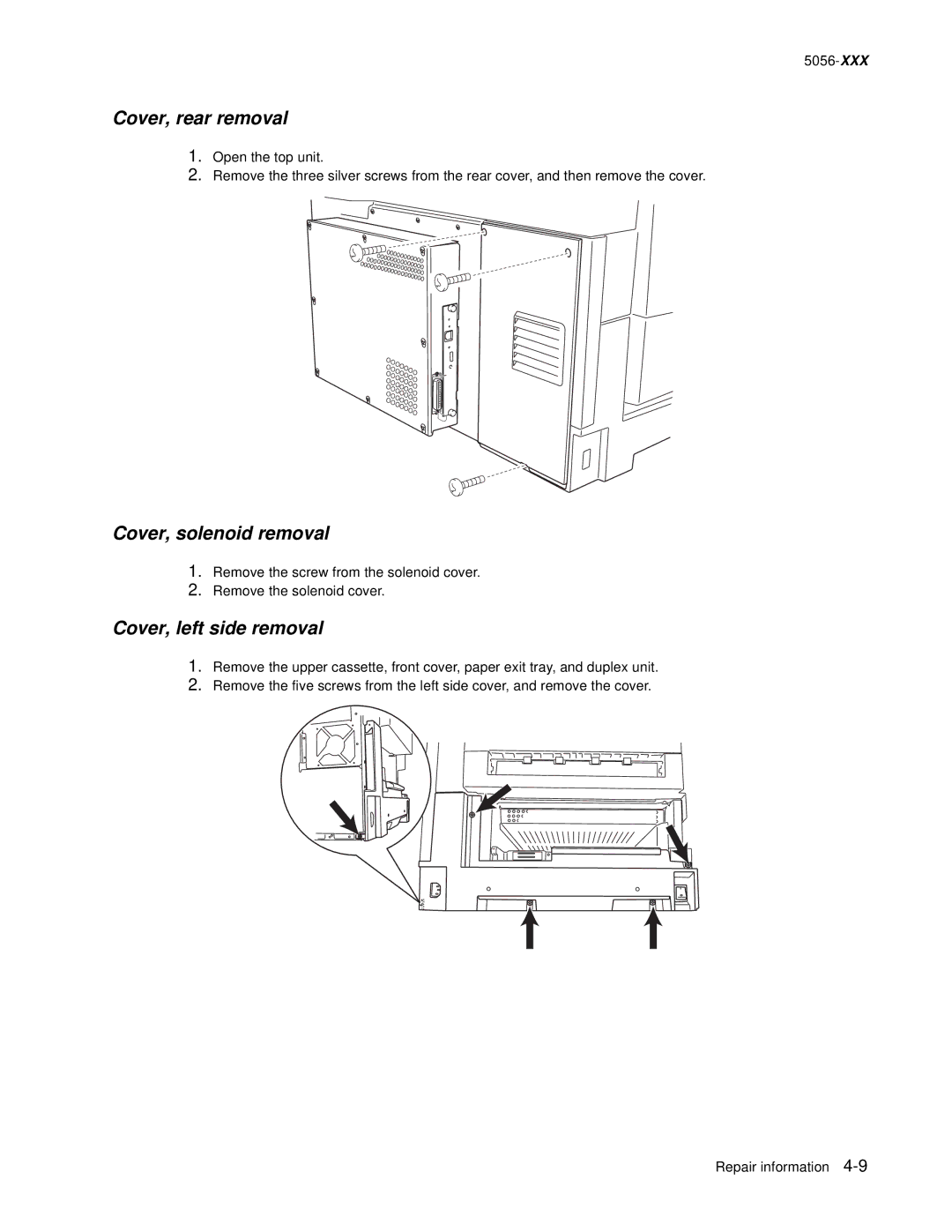 Lexmark 5056 warranty Cover, rear removal, Cover, solenoid removal, Cover, left side removal 