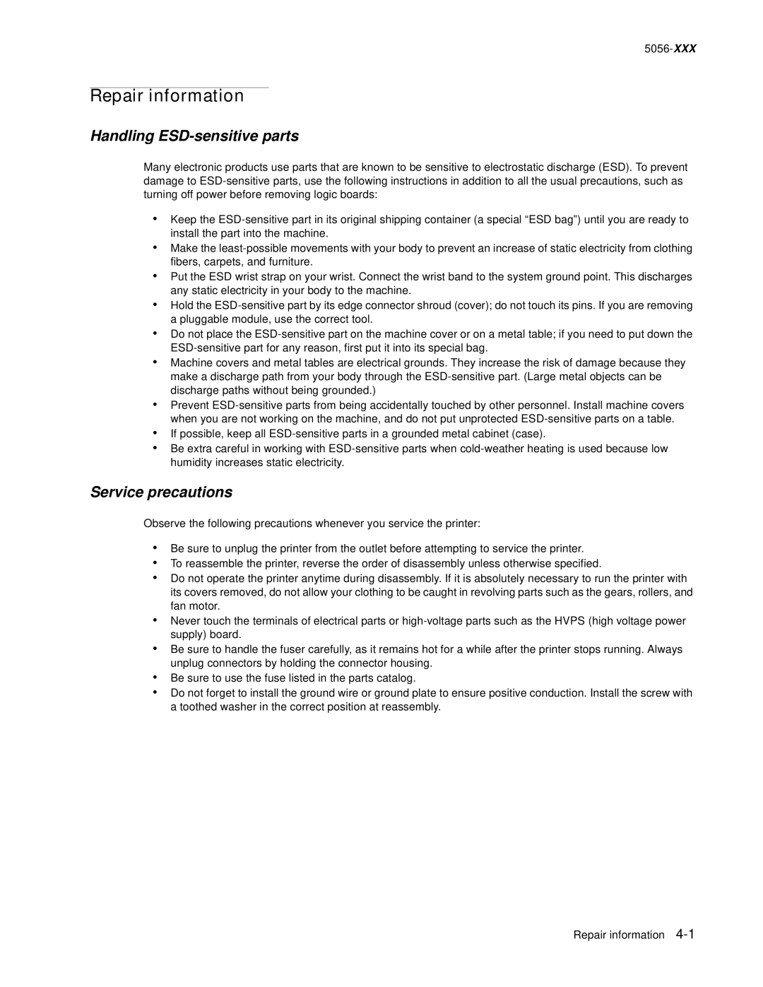 Lexmark 5056 warranty Handling ESD-sensitive parts, Service precautions 