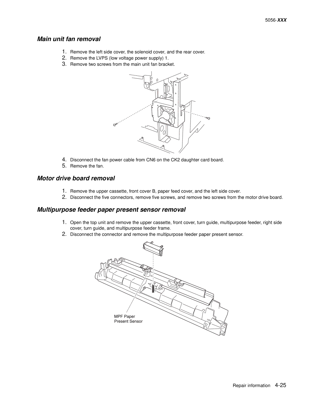 Lexmark 5056 warranty Main unit fan removal, Motor drive board removal, Multipurpose feeder paper present sensor removal 