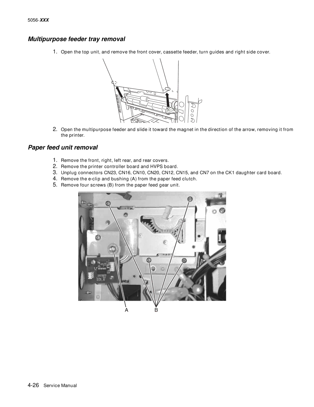 Lexmark 5056 warranty Multipurpose feeder tray removal, Paper feed unit removal 