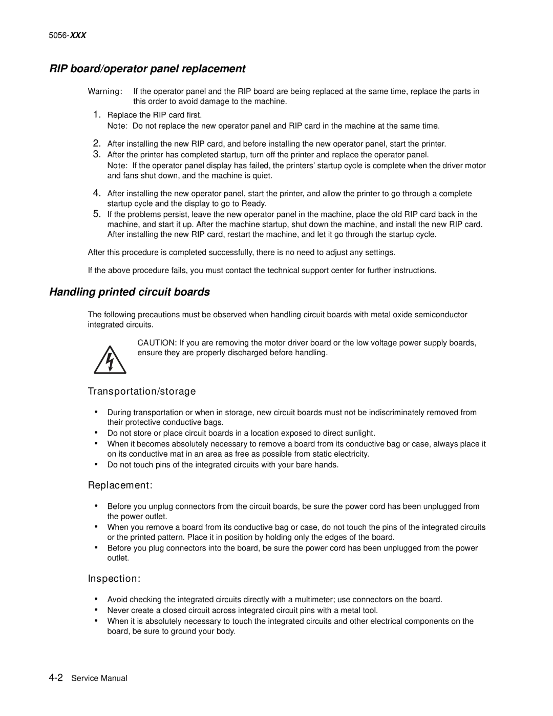 Lexmark 5056 warranty RIP board/operator panel replacement, Handling printed circuit boards 