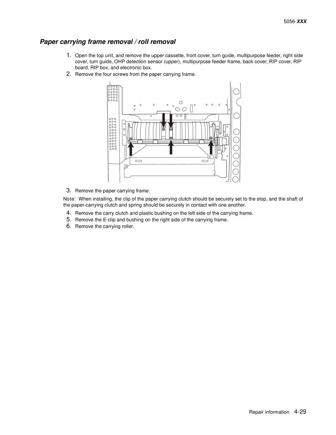 Lexmark 5056 warranty Paper carrying frame removal / roll removal 