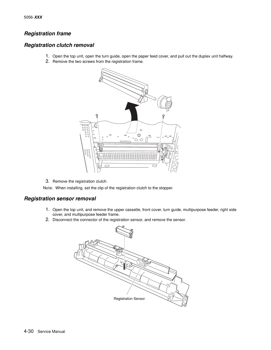 Lexmark 5056 warranty Registration frame Registration clutch removal, Registration sensor removal 