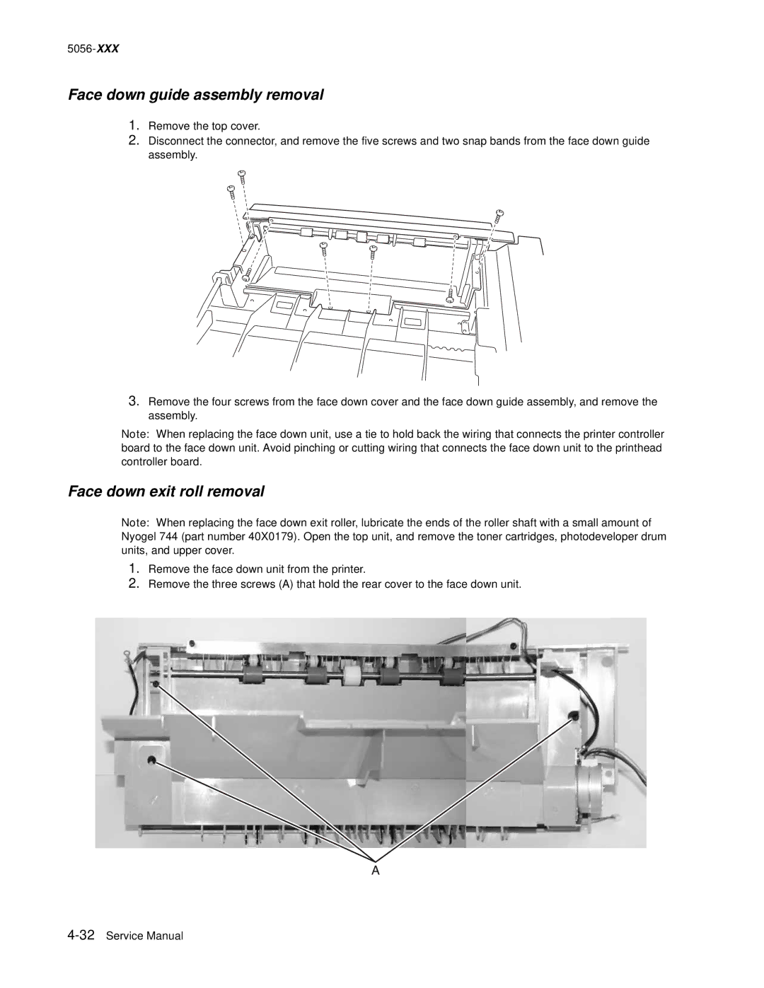 Lexmark 5056 warranty Face down guide assembly removal, Face down exit roll removal 