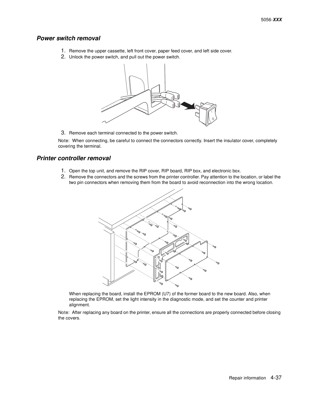 Lexmark 5056 warranty Power switch removal, Printer controller removal 