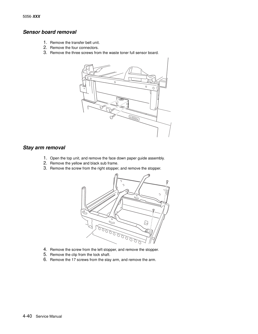 Lexmark 5056 warranty Sensor board removal, Stay arm removal 