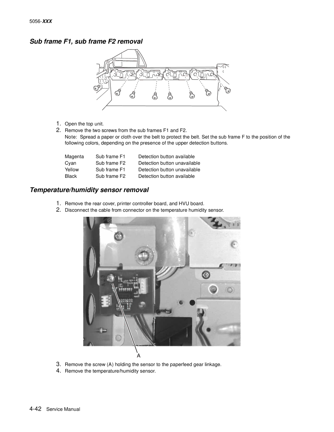 Lexmark 5056 warranty Sub frame F1, sub frame F2 removal, Temperature/humidity sensor removal 