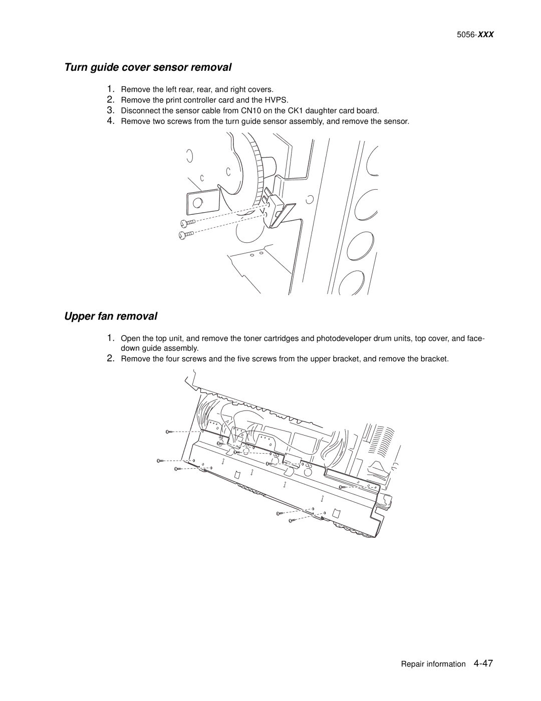 Lexmark 5056 warranty Turn guide cover sensor removal, Upper fan removal 