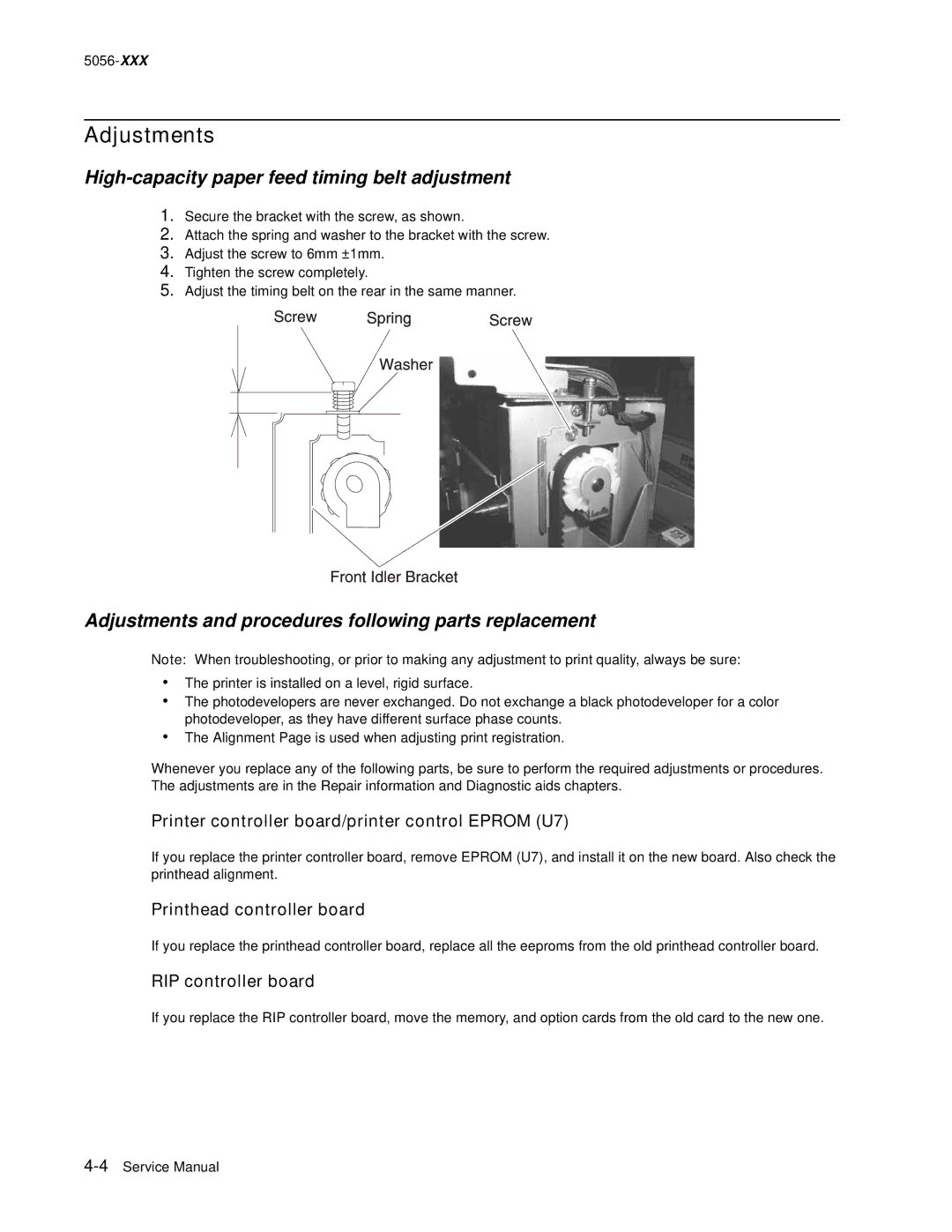 Lexmark 5056 High-capacity paper feed timing belt adjustment, Adjustments and procedures following parts replacement 