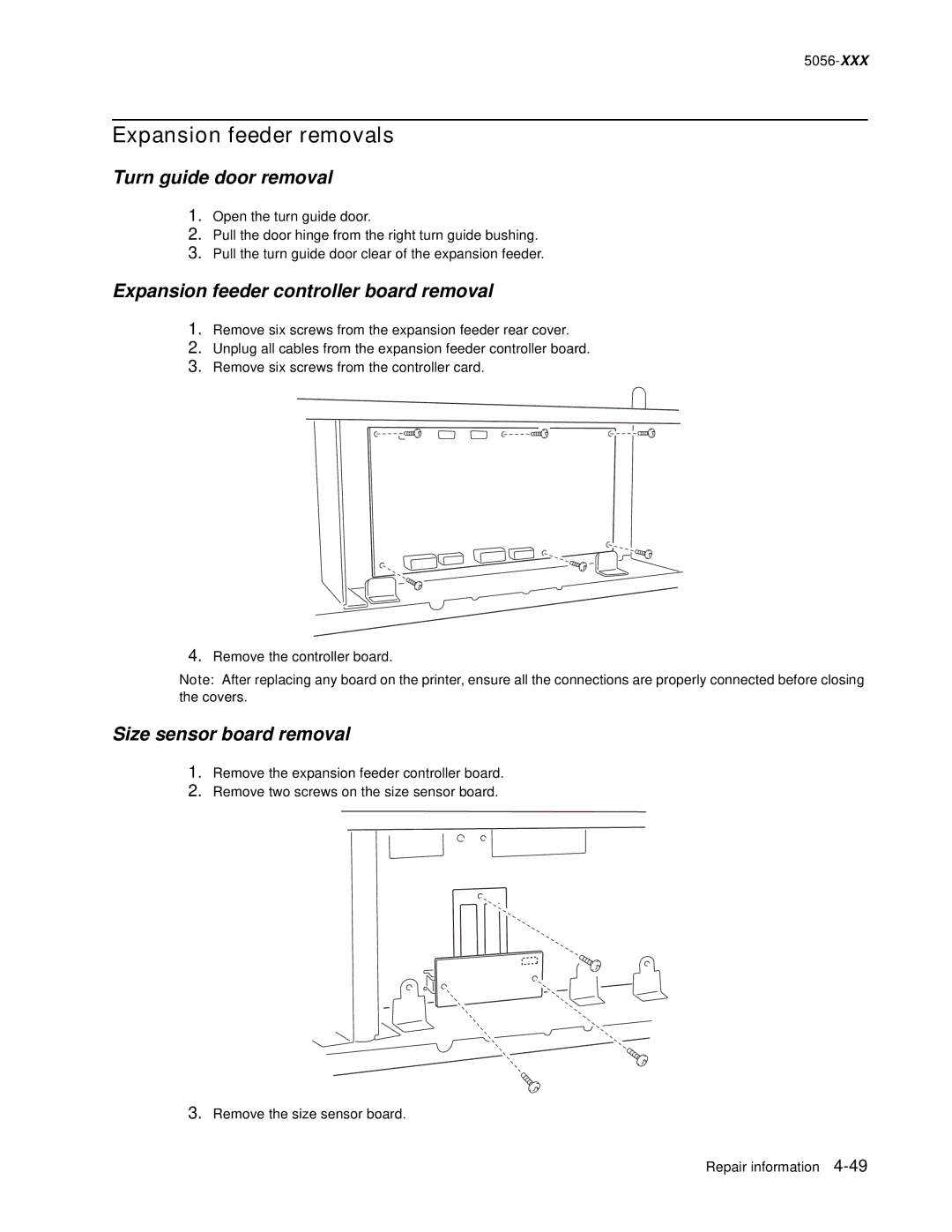 Lexmark 5056 warranty Turn guide door removal, Expansion feeder controller board removal, Size sensor board removal 