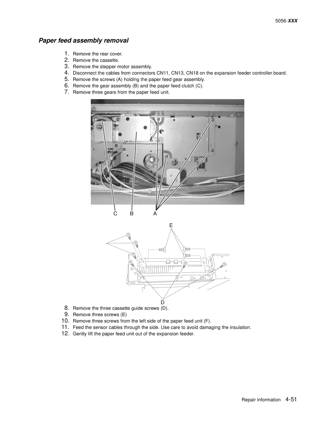 Lexmark 5056 warranty Paper feed assembly removal 