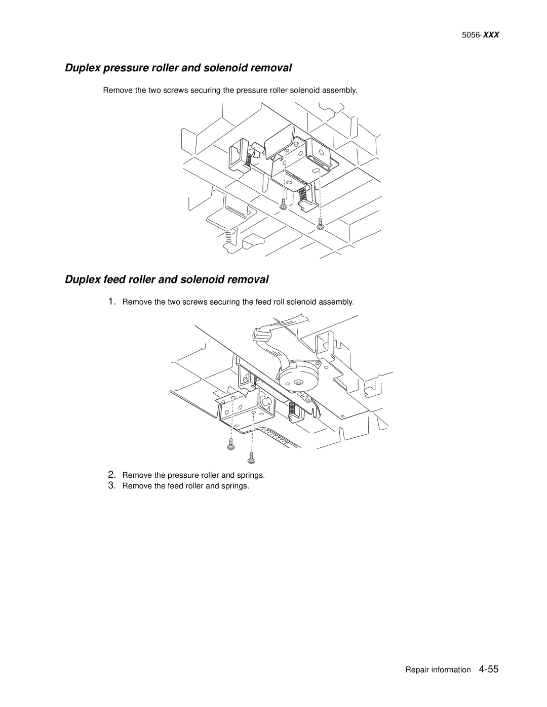 Lexmark 5056 warranty Duplex pressure roller and solenoid removal, Duplex feed roller and solenoid removal 