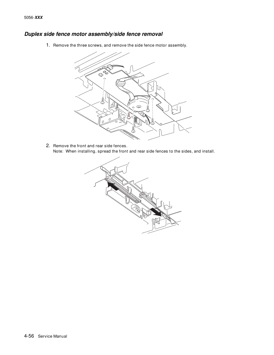 Lexmark 5056 warranty Duplex side fence motor assembly/side fence removal 