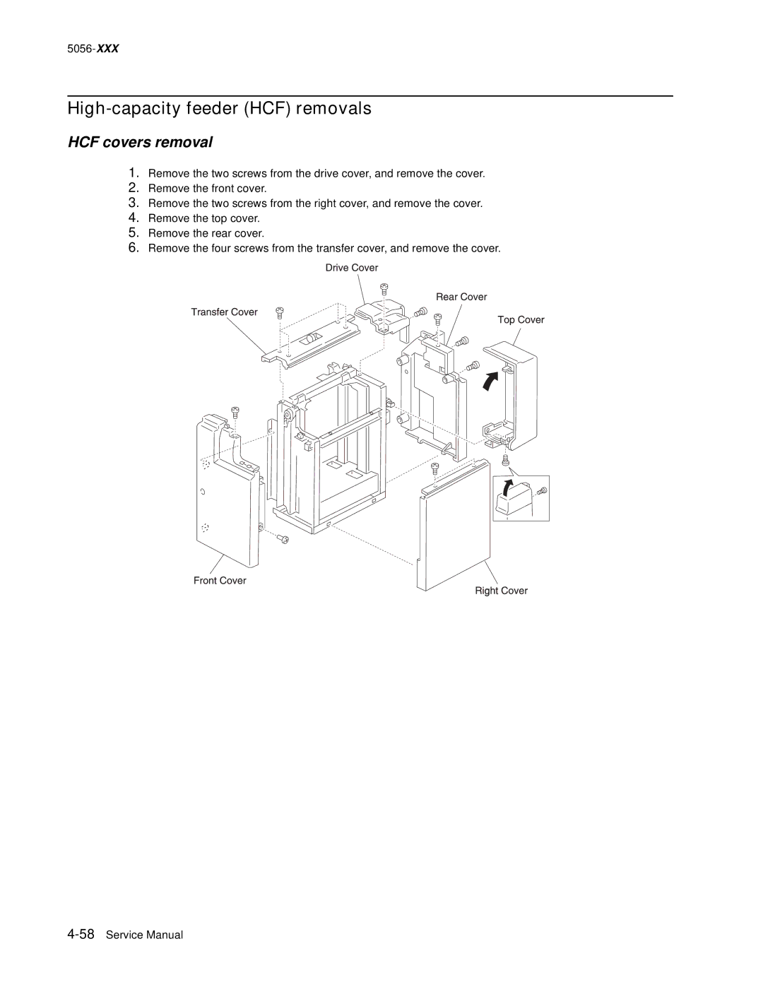 Lexmark 5056 warranty High-capacity feeder HCF removals, HCF covers removal 