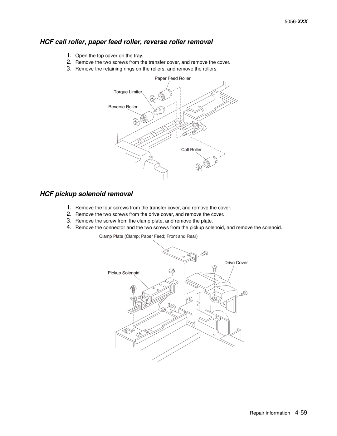 Lexmark 5056 warranty HCF call roller, paper feed roller, reverse roller removal, HCF pickup solenoid removal 