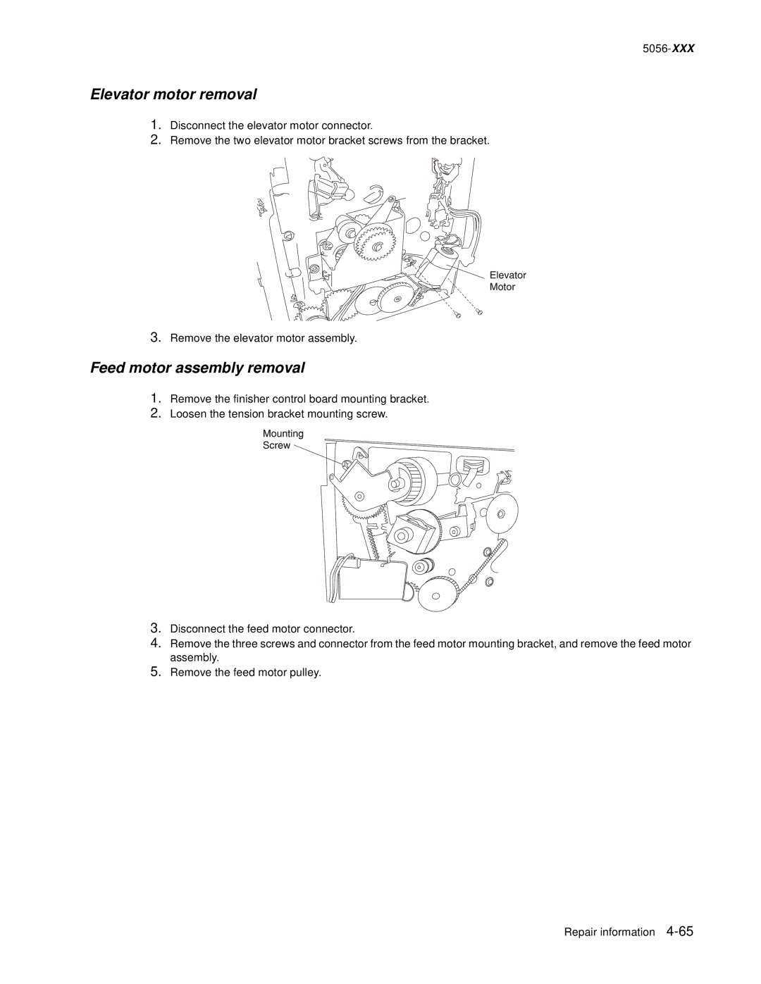 Lexmark 5056 warranty Elevator motor removal, Feed motor assembly removal 