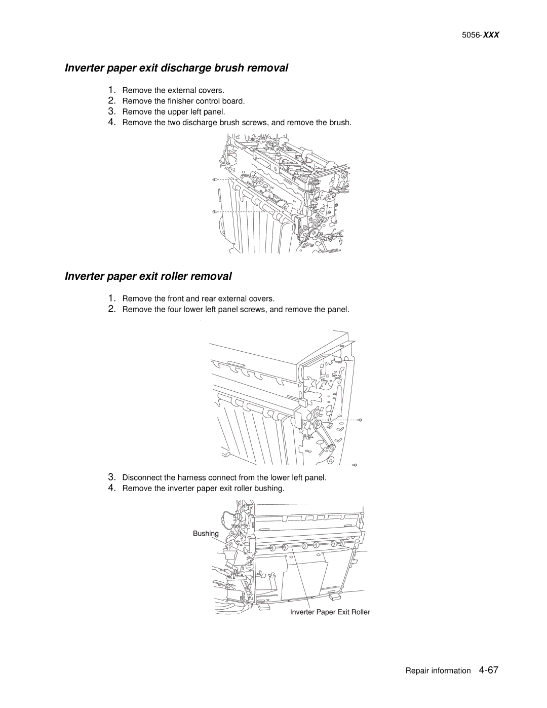 Lexmark 5056 warranty Inverter paper exit discharge brush removal, Inverter paper exit roller removal 