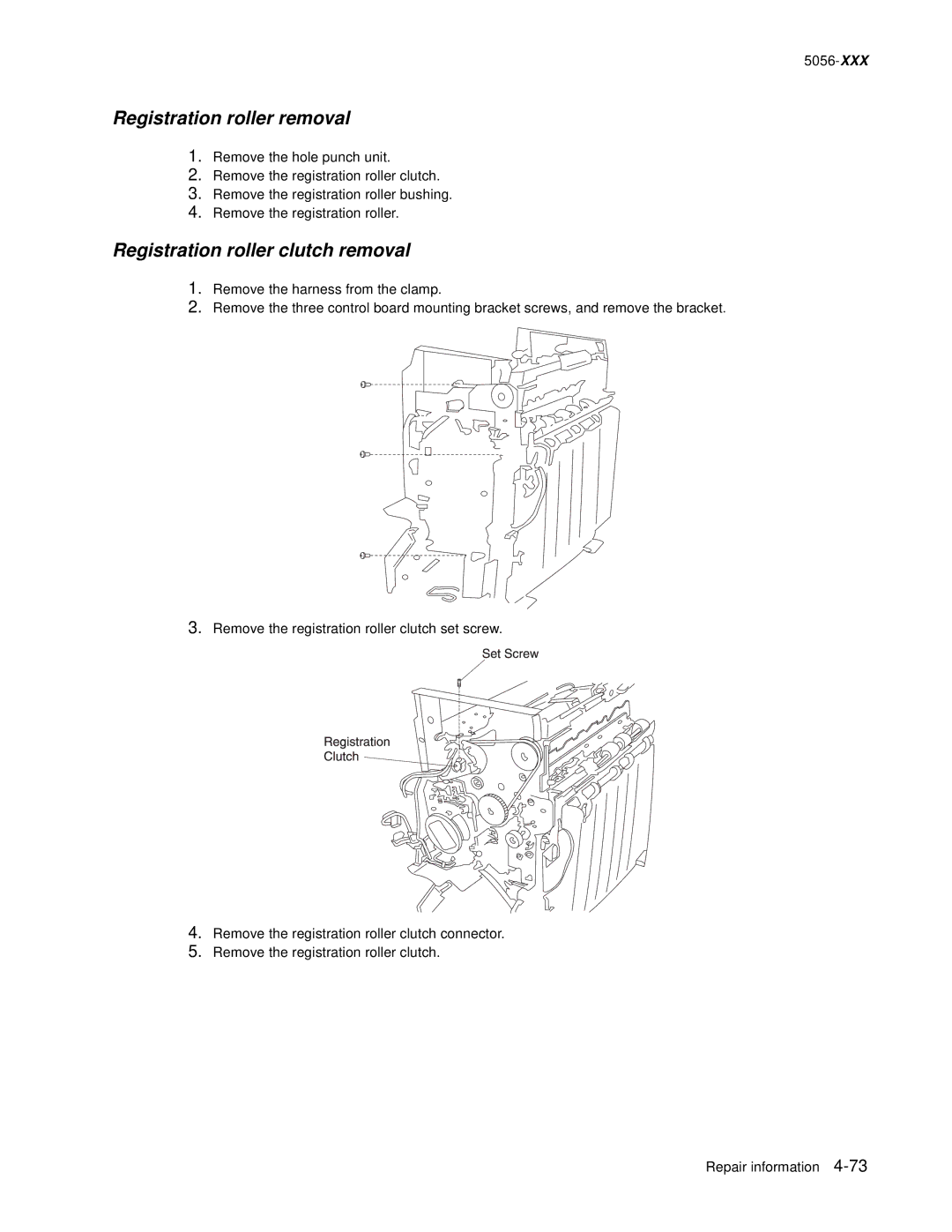 Lexmark 5056 warranty Registration roller removal, Registration roller clutch removal 