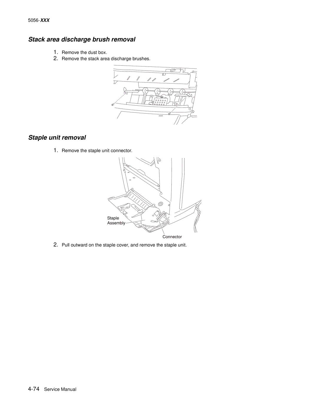 Lexmark 5056 warranty Stack area discharge brush removal, Staple unit removal 