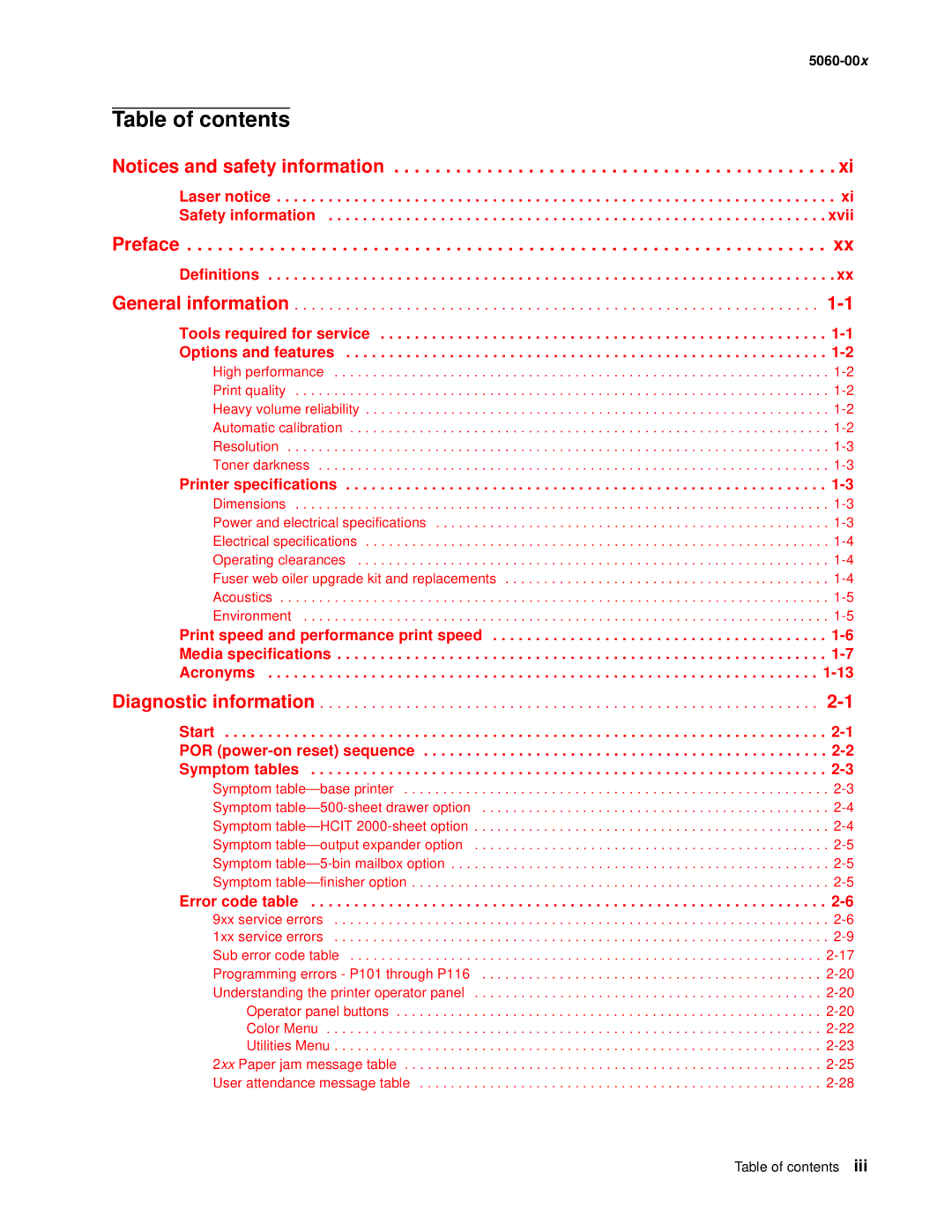 Lexmark 5060-00X manual Table of contents 