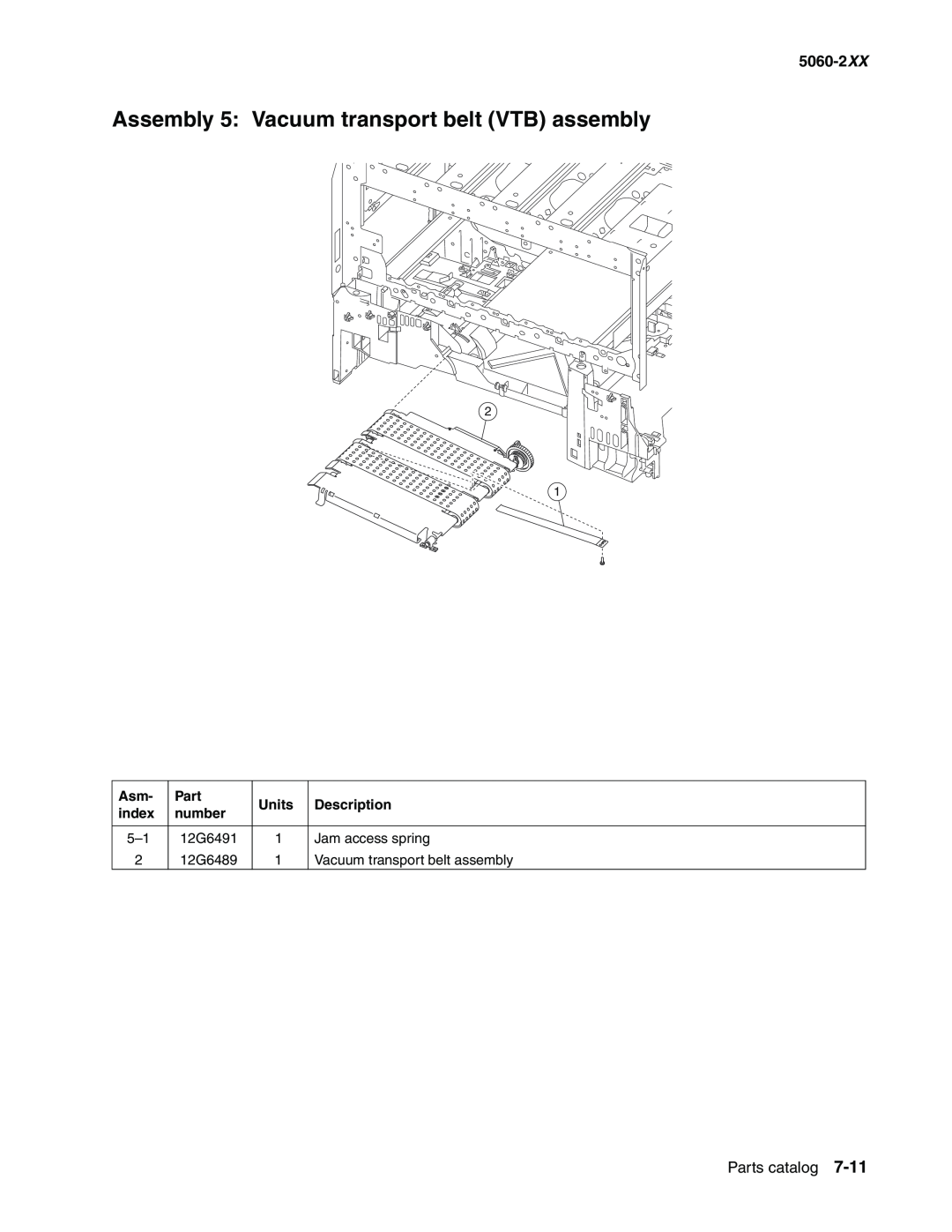 Lexmark 5060-2XX manual Assembly 5 Vacuum transport belt VTB assembly, Parts catalog, Units, Description, index, number 