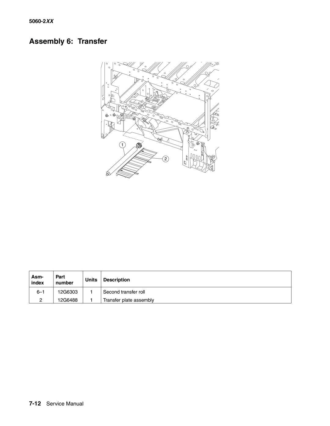 Lexmark 5060-2XX manual Assembly 6 Transfer, Service Manual, Part, Units, Description, index, number 