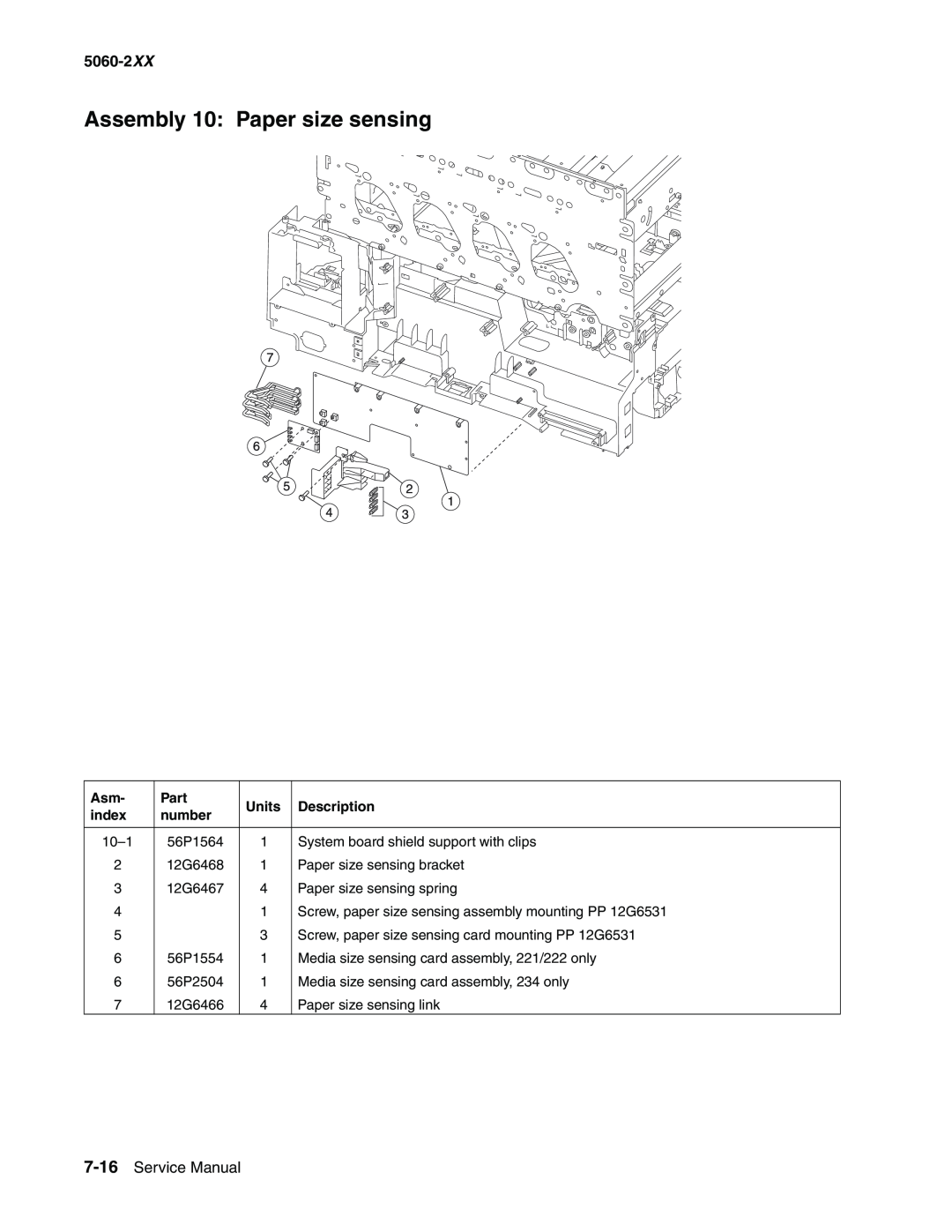 Lexmark 5060-2XX manual Assembly 10 Paper size sensing, Service Manual, Part, Units, Description, index, number 