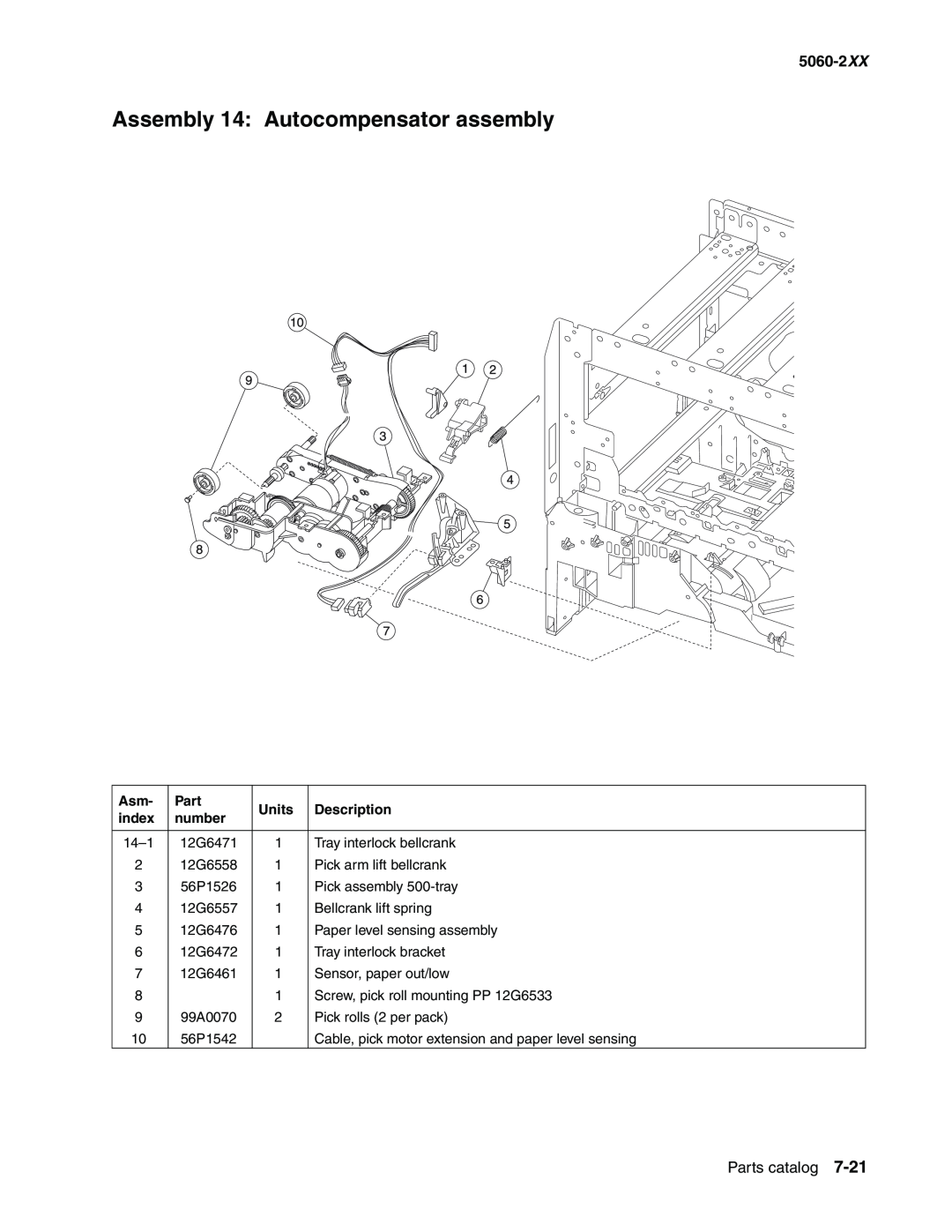 Lexmark 5060-2XX manual Assembly 14 Autocompensator assembly, Parts catalog, Units, Description, index, number 