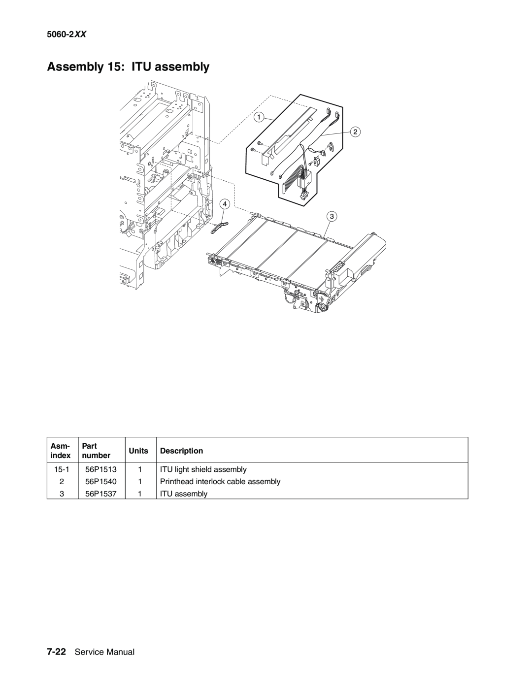 Lexmark 5060-2XX manual Assembly 15 ITU assembly, Service Manual, Part, Units, Description, index, number 