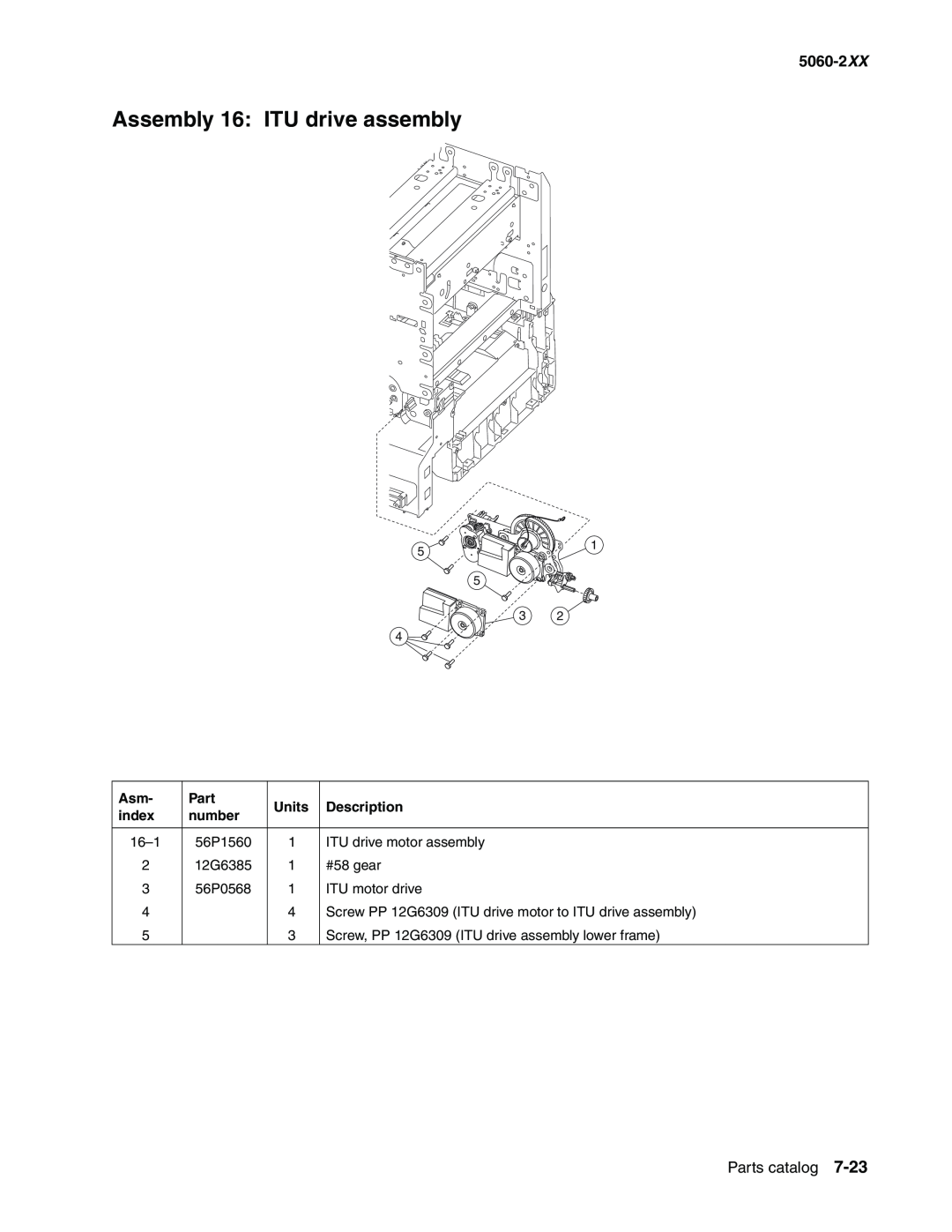Lexmark 5060-2XX manual Assembly 16 ITU drive assembly, Parts catalog, Units, Description, index, number 
