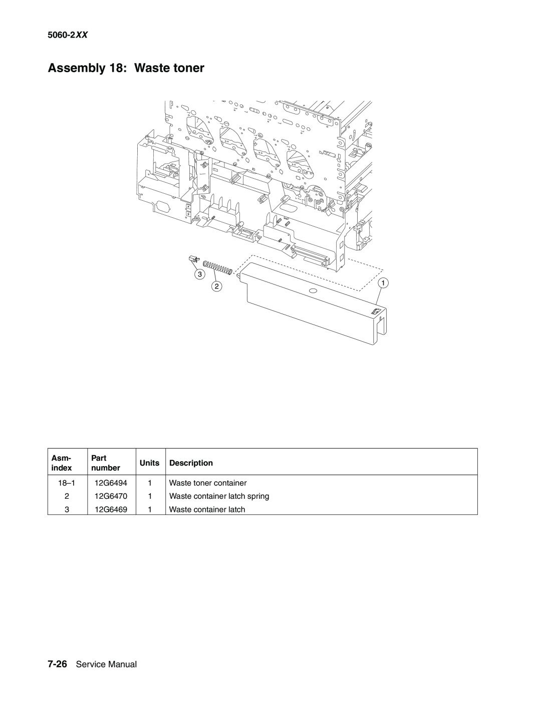Lexmark 5060-2XX manual Assembly 18 Waste toner, Service Manual, Part, Units, Description, index, number 