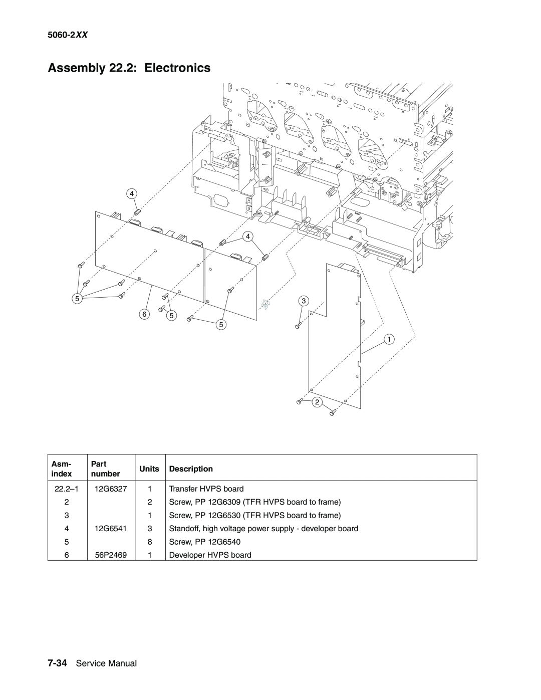 Lexmark 5060-2XX manual Assembly 22.2 Electronics, Service Manual, Part, Units, Description, index, number 