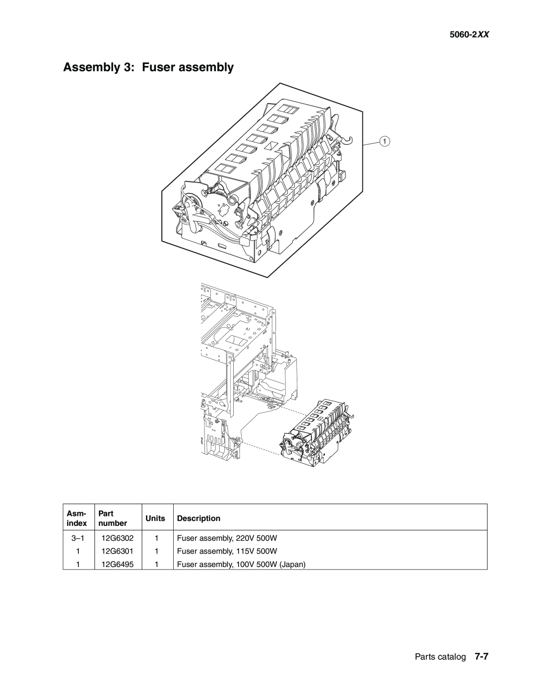 Lexmark 5060-2XX manual Assembly 3 Fuser assembly, Parts catalog, Units, Description, index, number 