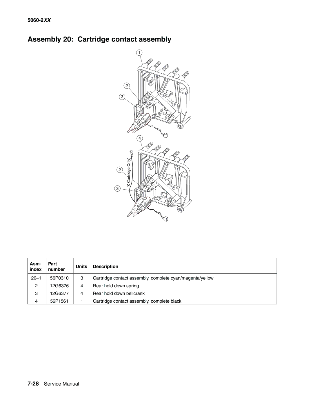 Lexmark 5060-2XX manual Assembly 20 Cartridge contact assembly 