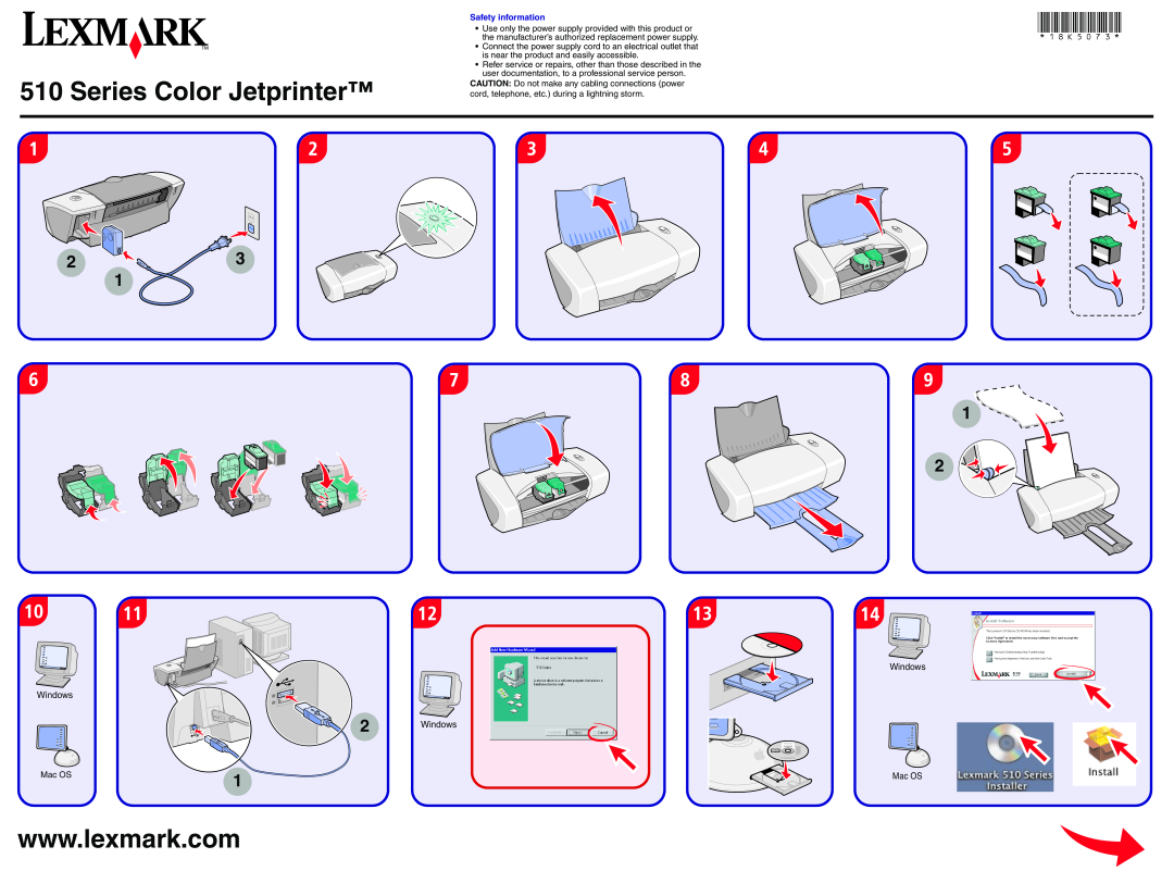 Lexmark 510 Series manual Series Color Jetprinter, 18K5073, Windows Windows 2 Windows, Mac OS, Safety information 