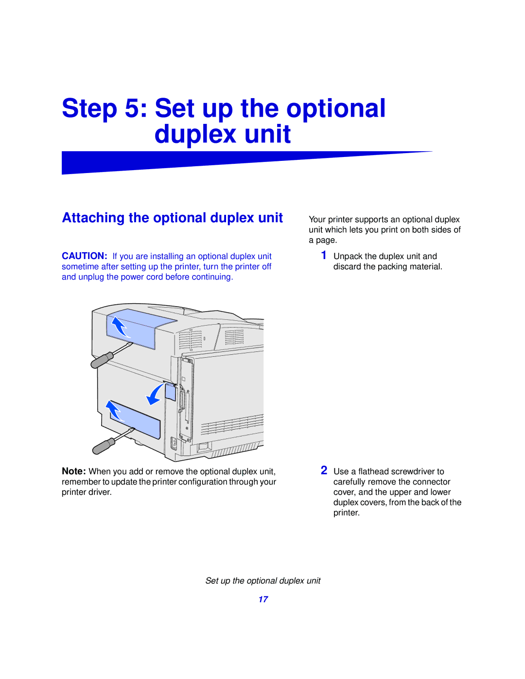 Lexmark 510 Set up the optional Duplex unit, Attaching the optional duplex unit, Set up the optional duplex unit 