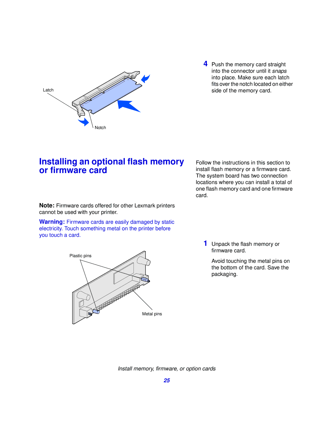 Lexmark 510 setup guide Installing an optional flash memory or firmware card 