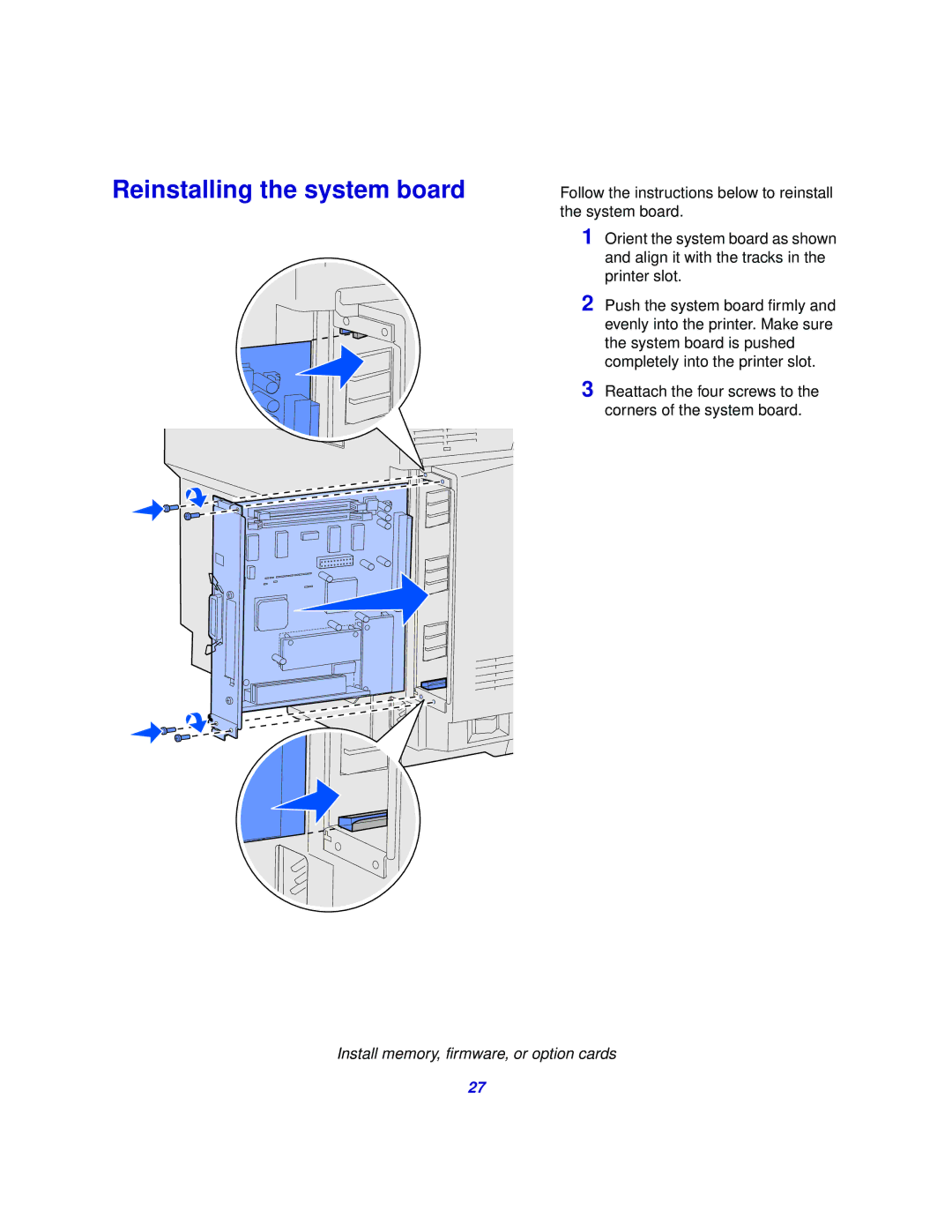 Lexmark 510 setup guide Reinstalling the system board 