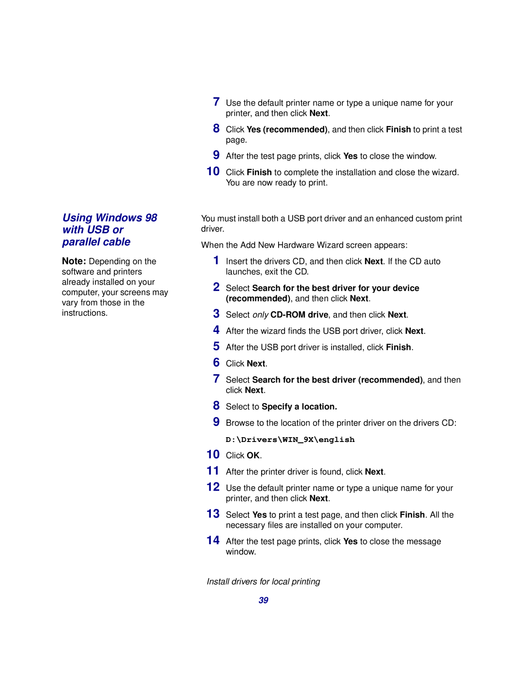 Lexmark 510 setup guide Using Windows 98 with USB or parallel cable 