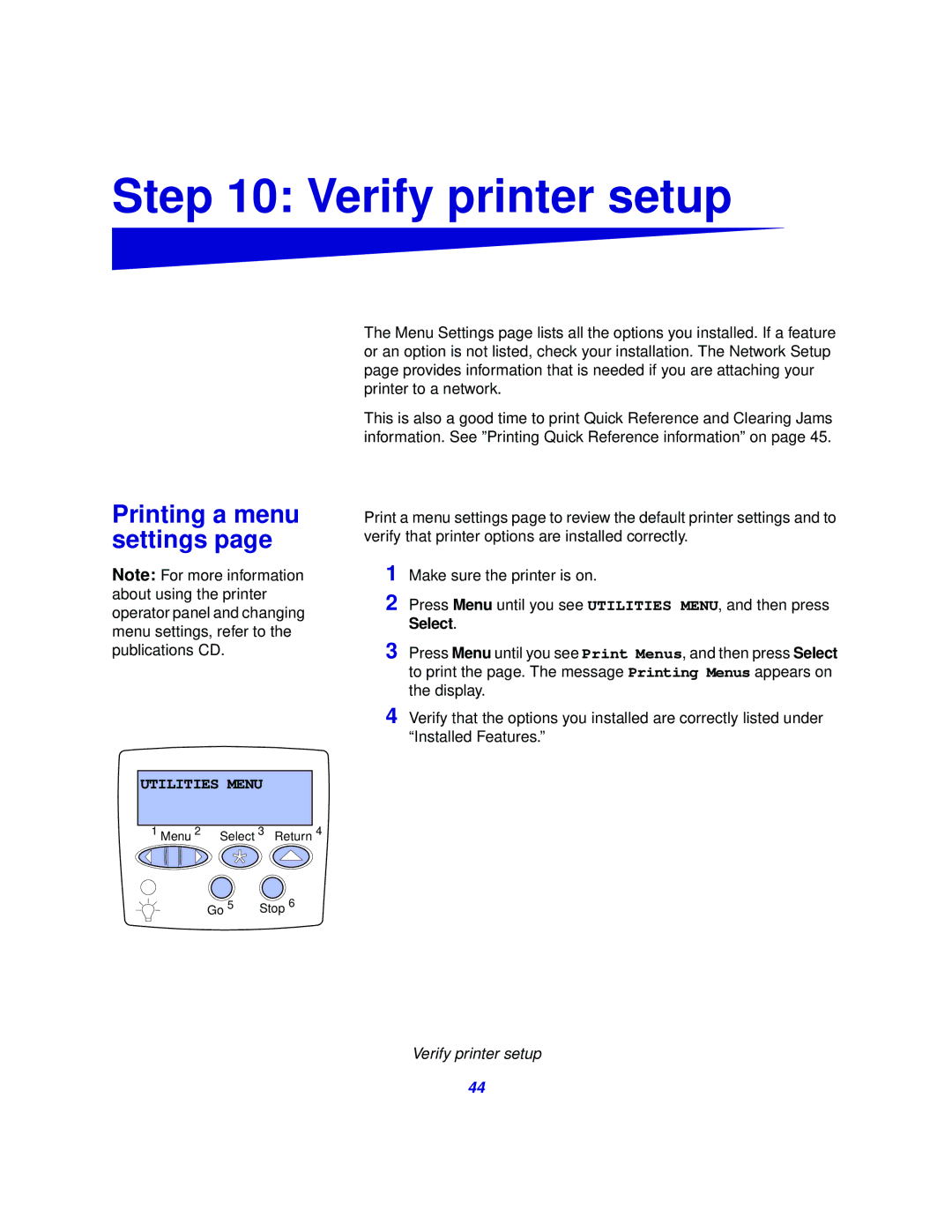 Lexmark 510 setup guide Verify printer setup, Printing a menu settings 