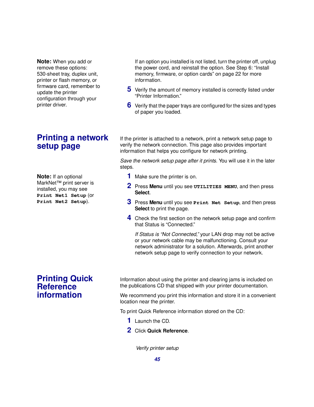 Lexmark 510 setup guide Printing a network setup, Printing Quick Reference information, Click Quick Reference 