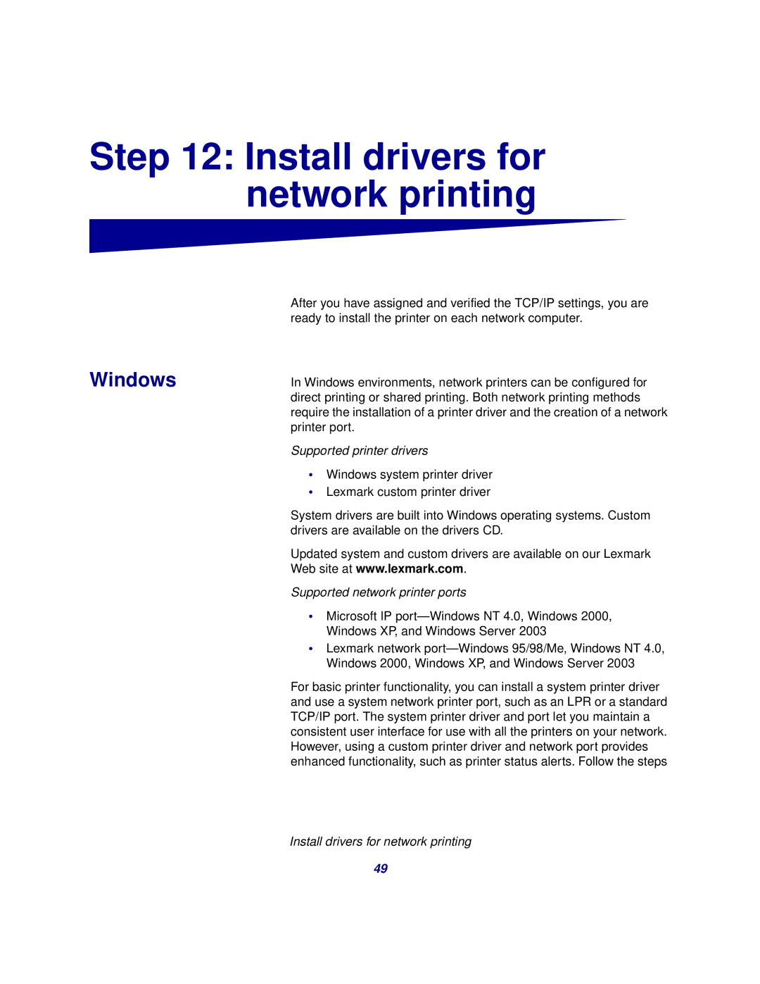 Lexmark 510 setup guide Install drivers for network printing, Supported printer drivers, Supported network printer ports 