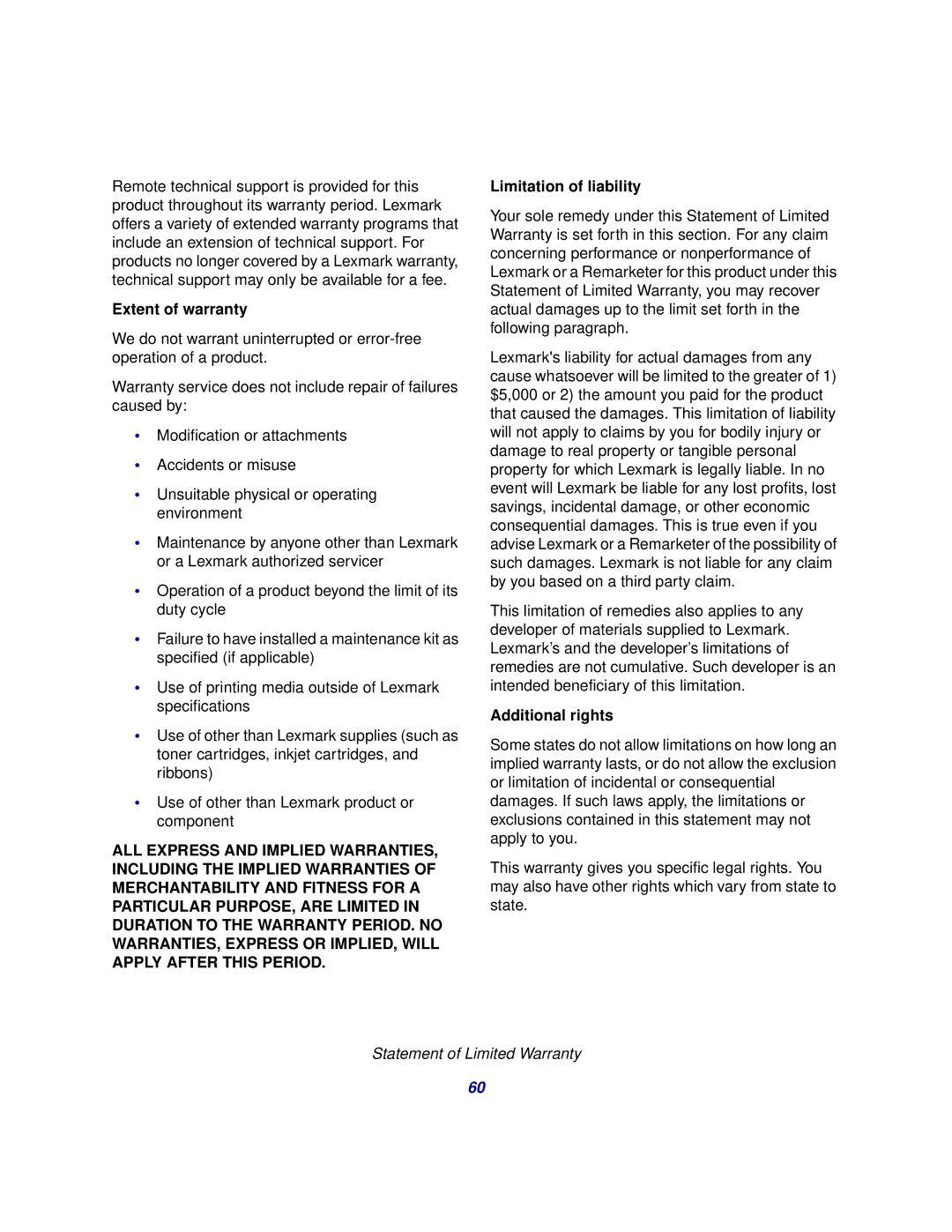 Lexmark 510 setup guide Extent of warranty, Limitation of liability, Additional rights 