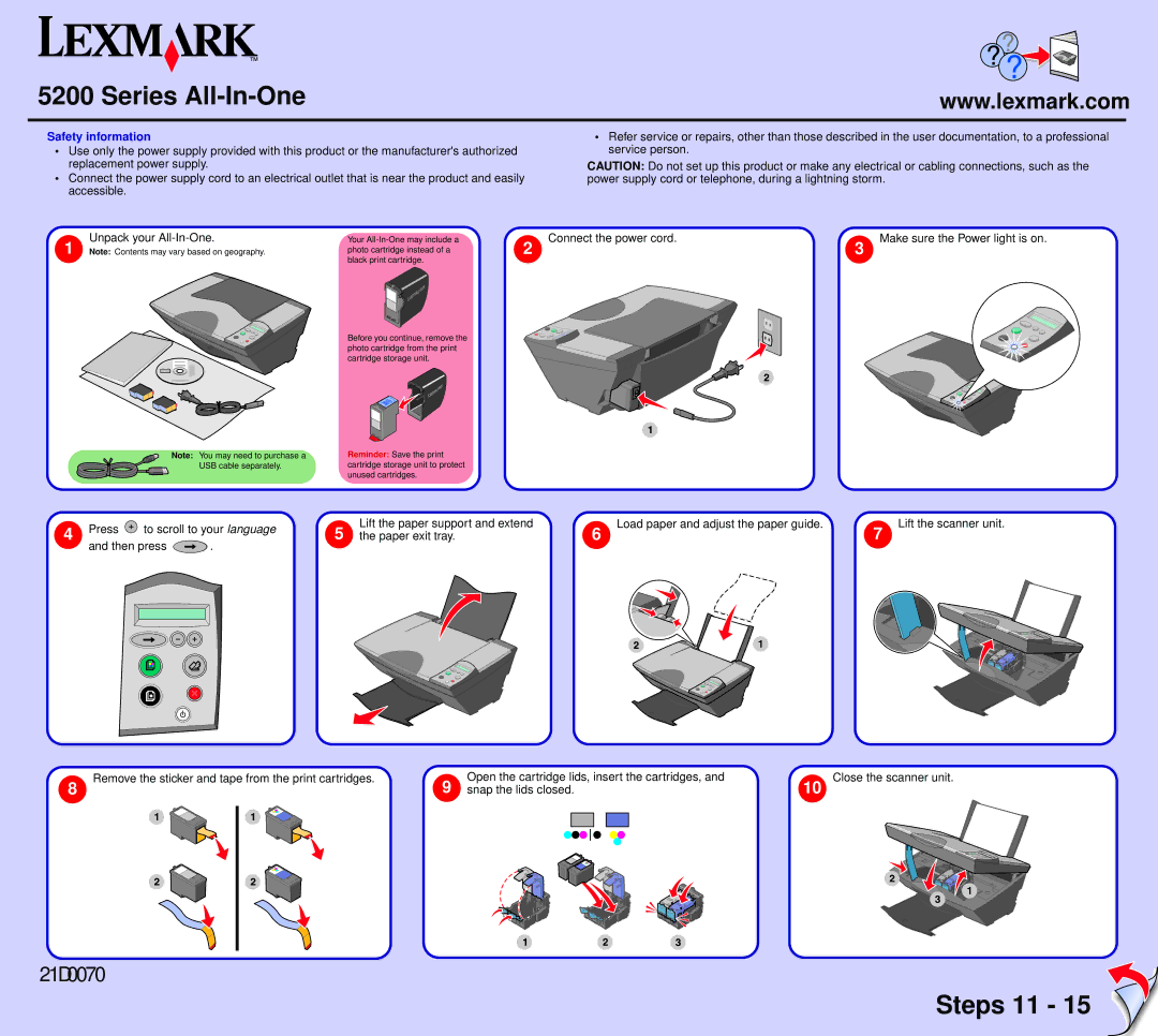 Lexmark 5200 manual Series All-In-One, Steps 11, Safety information 