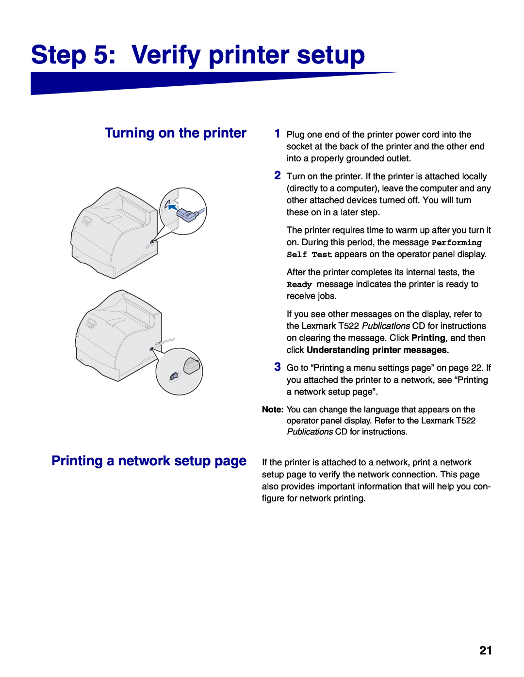 Lexmark 522 setup guide Verify printer setup, Turning on the printer Printing a network setup page 